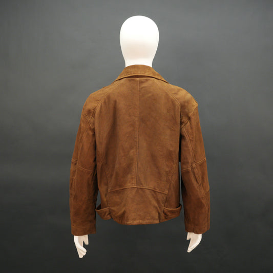 Light brown goat suede perfecto jacket with leather-finish, soft suede texture, three exterior pockets, secure side zip pocket, and adjustable zipped cuffs for a tailored fit