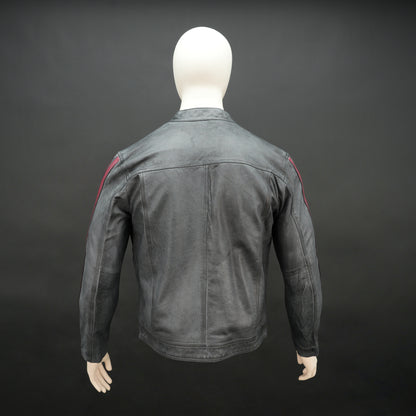 Black jacket 6010 with front zip closure, snap-button collar, multiple pockets, and red arm stripes, combining style and practicality for everyday wear