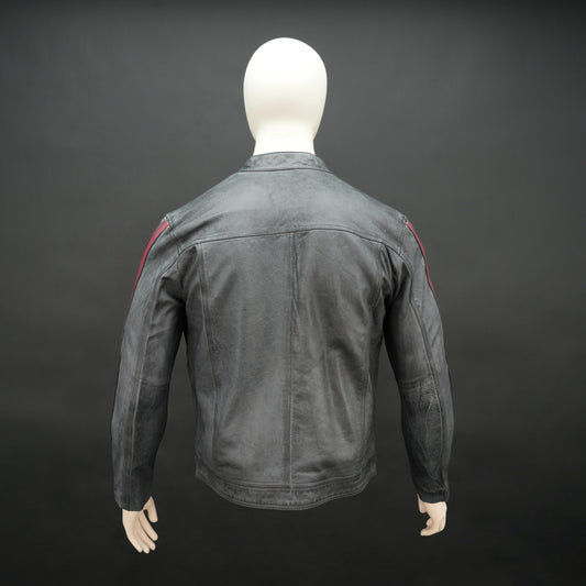 Black jacket 6010 with front zip closure, snap-button collar, multiple pockets, and red arm stripes, combining style and practicality for everyday wear