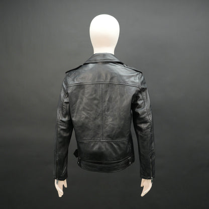 Black sheep leather jacket with adjustable waist belt, two front side pockets, one inside pocket, and zip flap closure