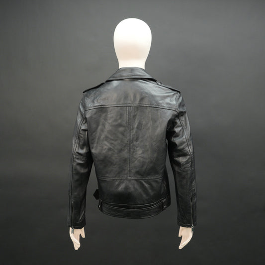 Black sheep leather jacket with adjustable waist belt, two front side pockets, one inside pocket, and zip flap closure