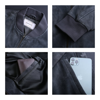 Cow Suede Leather Jacket with Chocolate, Navy & Charcoal Color Rib Collar & Bottom (Desi-Col)