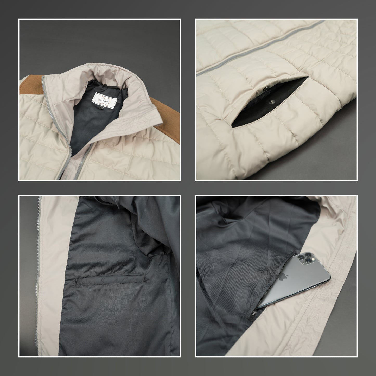 Grey full-sleeve two-tone puffer jacket with snap pockets, quilted insulation, inner compartments, and zip closure