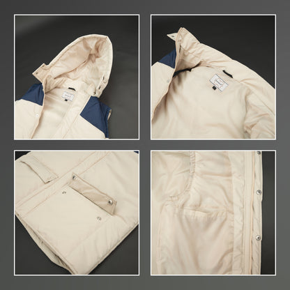 Cream-blue two-tone sleeveless puffer jacket with zip and snap closure, hood, side and inner pockets, quilted for layering