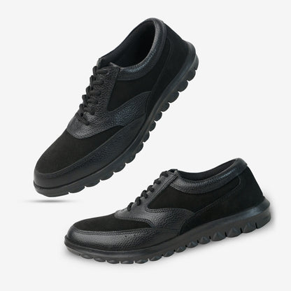 Black Cow Leather Suede shoes with soft sheep lining, Taxon insoles for support, and durable TPR sole for traction. Stylish and comfortable footwear by Desiderio