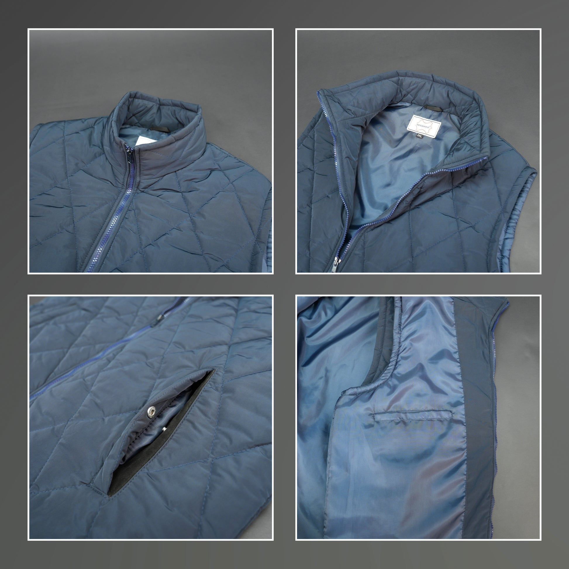 Navy sleeveless puffer vest with zip, side and inside pockets, lightweight for layering