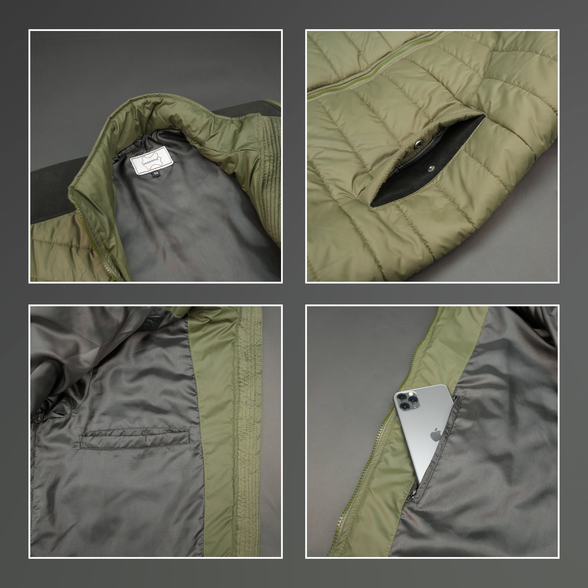 Green full-sleeve two-tone puffer jacket with snap pockets, quilted insulation, inner compartments, and zip closure