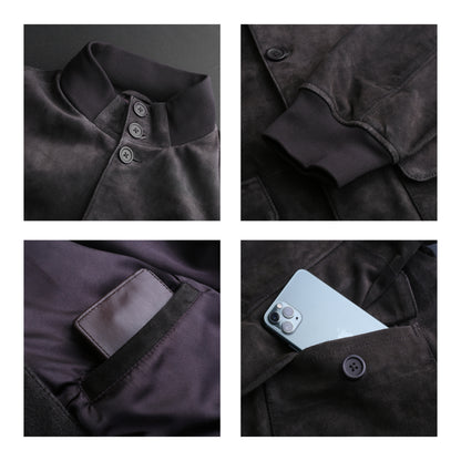 Cow Suede Coat Style Leather Jacket for Men's with Plastic Round Shape Front Buttons (Desi-Dani)