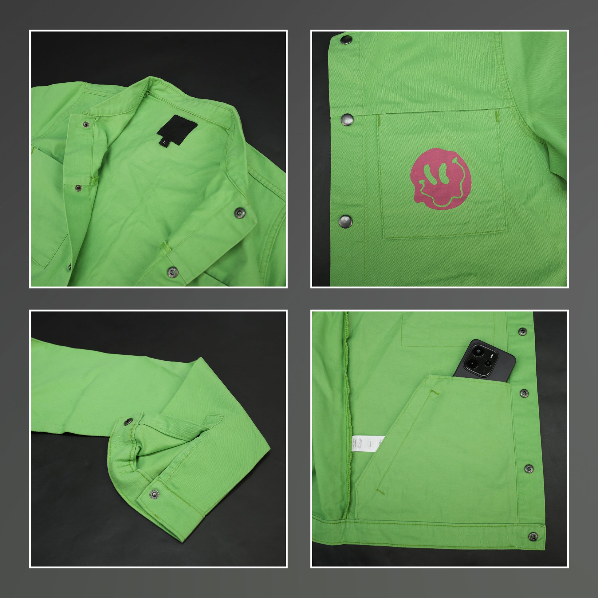 Green denim jacket with bold ‘Stay Blessed’ graphic on the back, button-down front, adjustable cuffs, and side pockets for casual wear