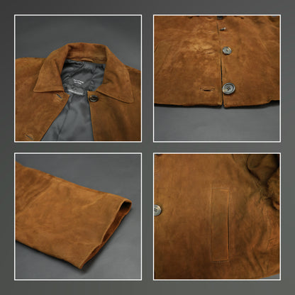 Brown suede leather jacket with button closure, slim fit, side pockets, and soft premium suede finish