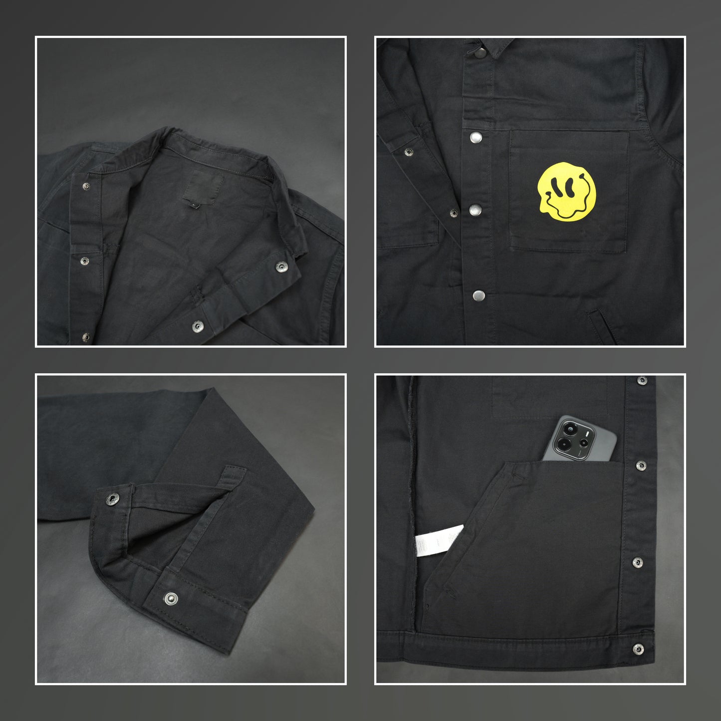 Black denim jacket featuring ‘Stay Blessed’ graphic on the back, button-down front, adjustable cuffs, and side pockets perfect for casual wear