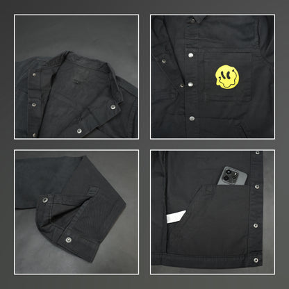 Black denim jacket featuring ‘Stay Blessed’ graphic on the back, button-down front, adjustable cuffs, and side pockets perfect for casual wear
