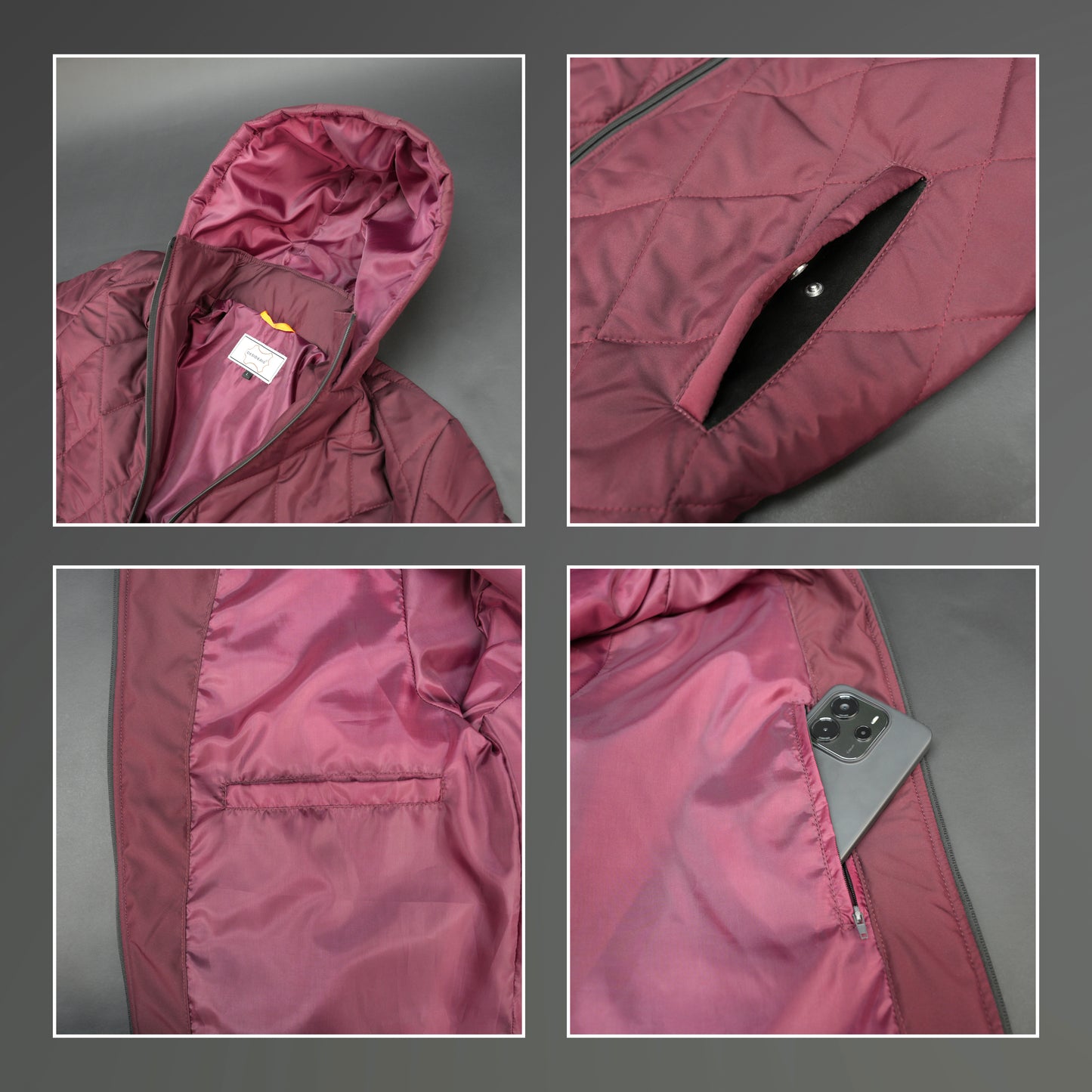 Maroon full-sleeve puffer jacket with zip and hood, side and inner pockets, suitable for cold and windy weather