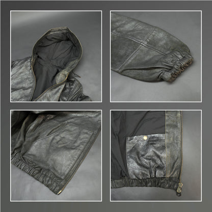 Black hoodie-style jacket made from genuine sheep leather (veg ranger), featuring a front zip closure, adjustable hood, two side pockets, and one inside pocket