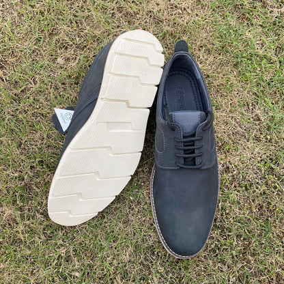 Gray NX-011 footwear with genuine cow leather upper, soft sheep lining, Taxon insole for stability, lightweight EVA sole, and minor fault