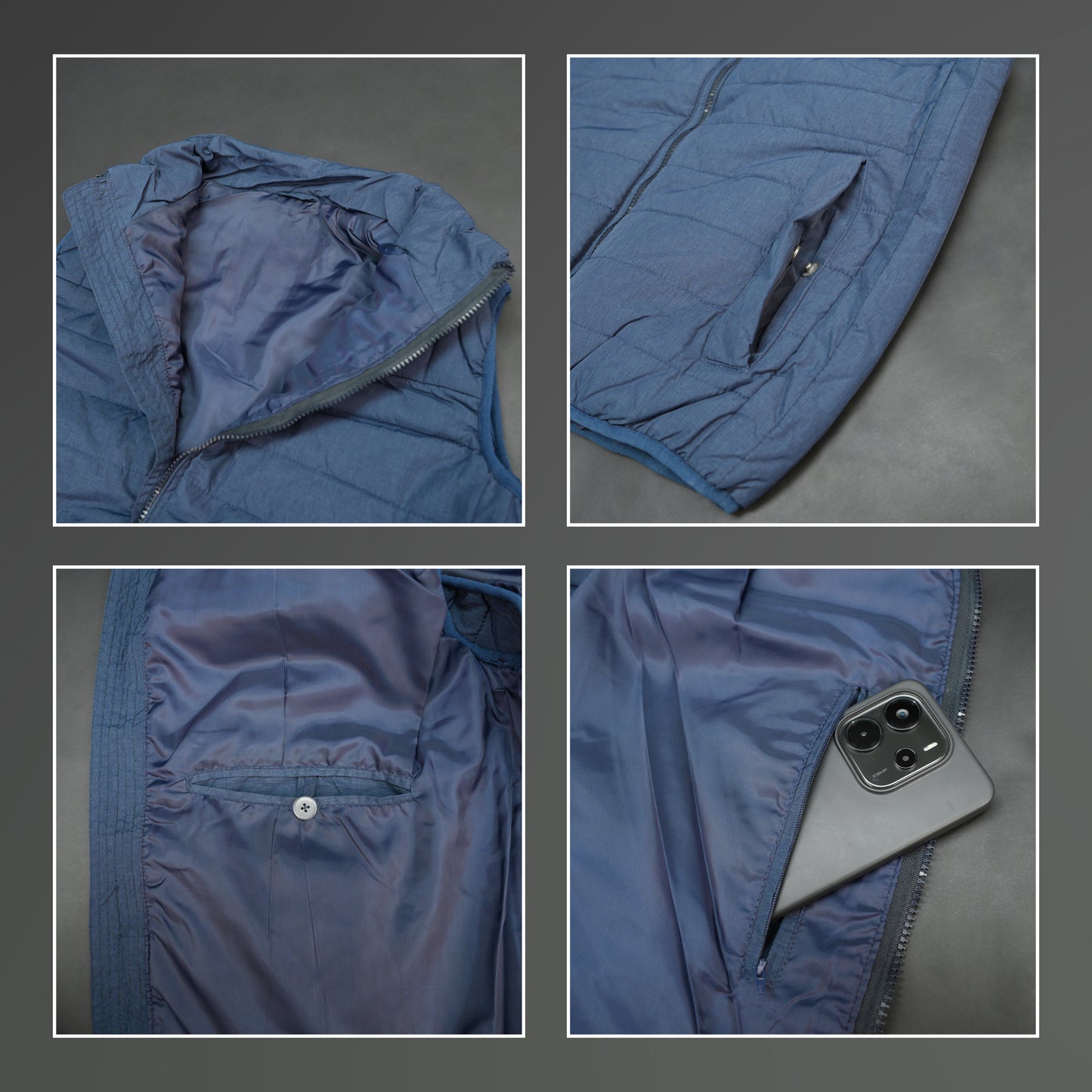 Blue garment with a full zip front, snap-button side pockets, and two interior pockets designed for secure and easy storage