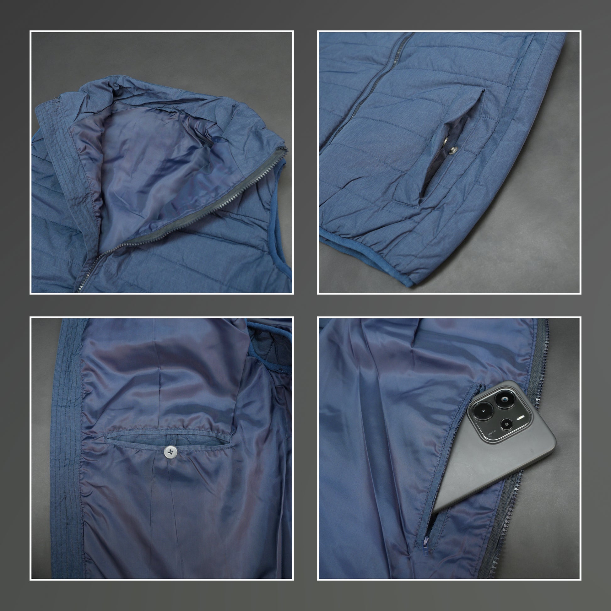 Blue garment with a full zip front, snap-button side pockets, and two interior pockets designed for secure and easy storage