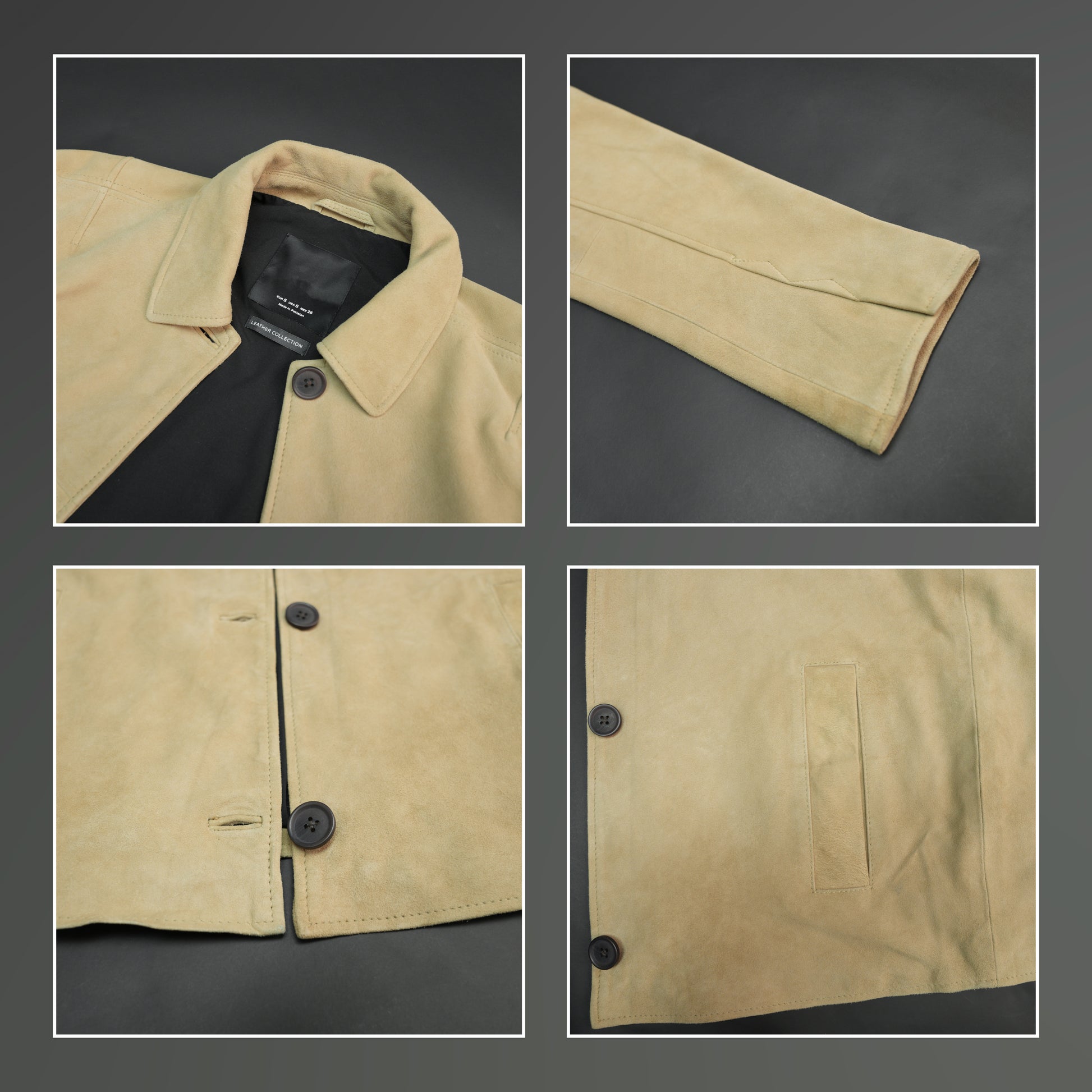 Beige suede leather jacket with tailored fit, elegant button opening, and front side pockets