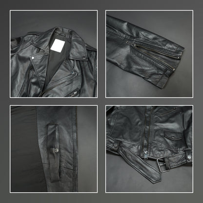 Black sheep leather jacket with adjustable waist belt, two front side pockets, one inside pocket, and zip flap closure