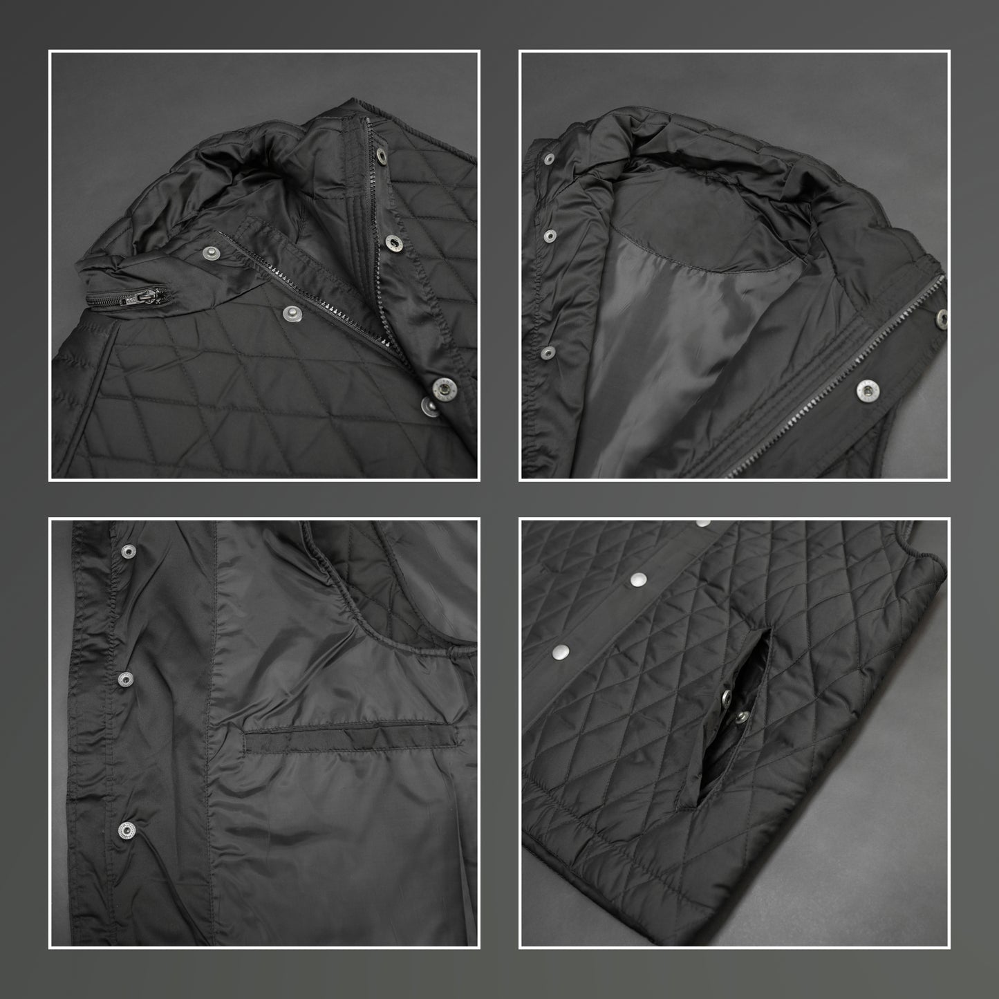 Black vest with a zip closure and snap button, two side pockets with snap buttons, and one inside pocket for secure storage