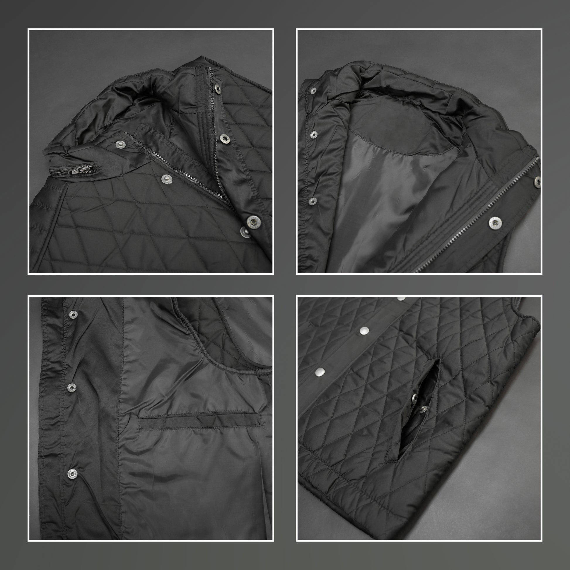 Black vest with a zip closure and snap button, two side pockets with snap buttons, and one inside pocket for secure storage