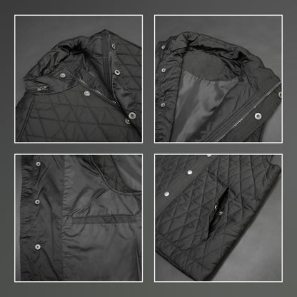 Black vest with a zip closure and snap button, two side pockets with snap buttons, and one inside pocket for secure storage