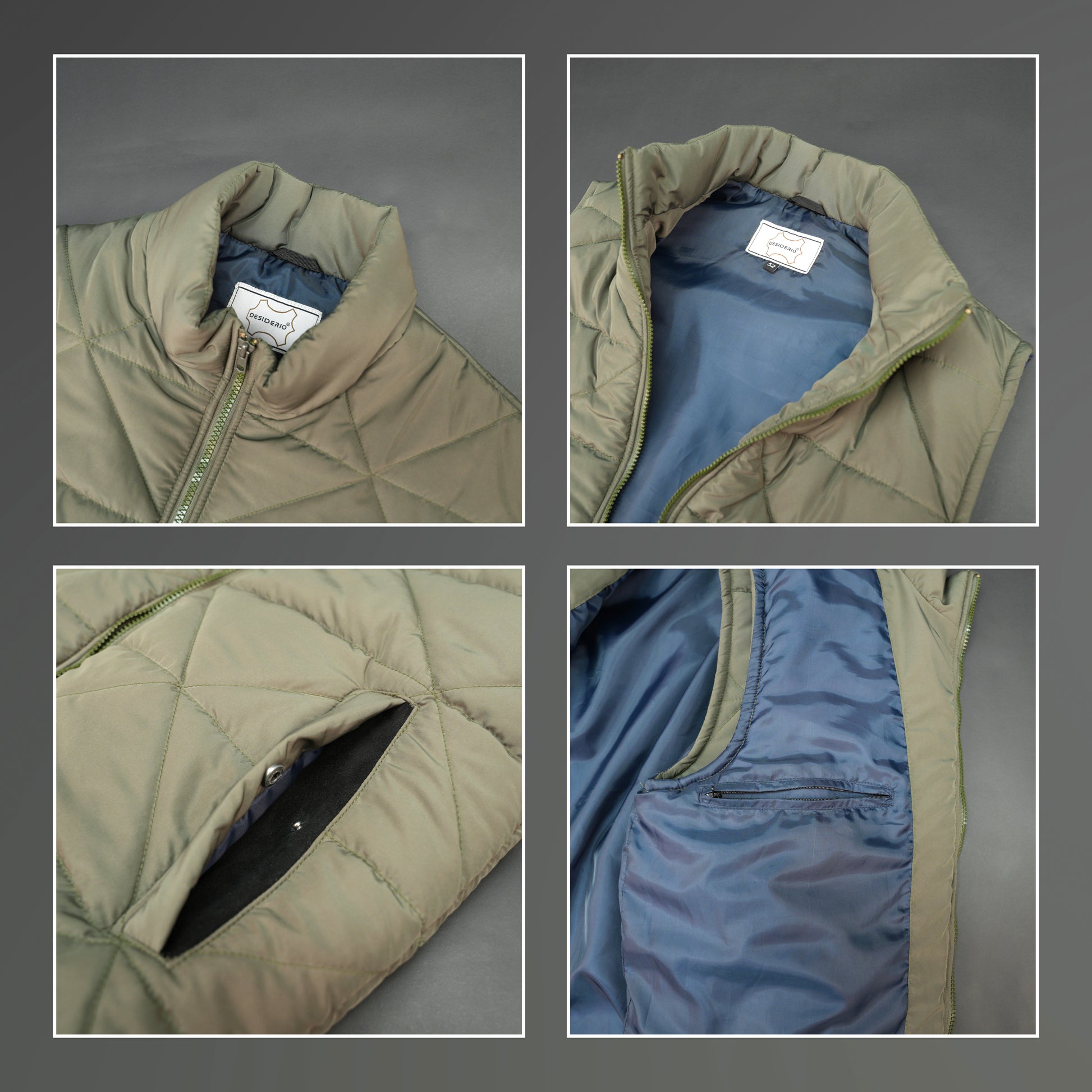 Green sleeveless puffer vest with zip closure, side and inner pockets, lightweight and ideal for layering.