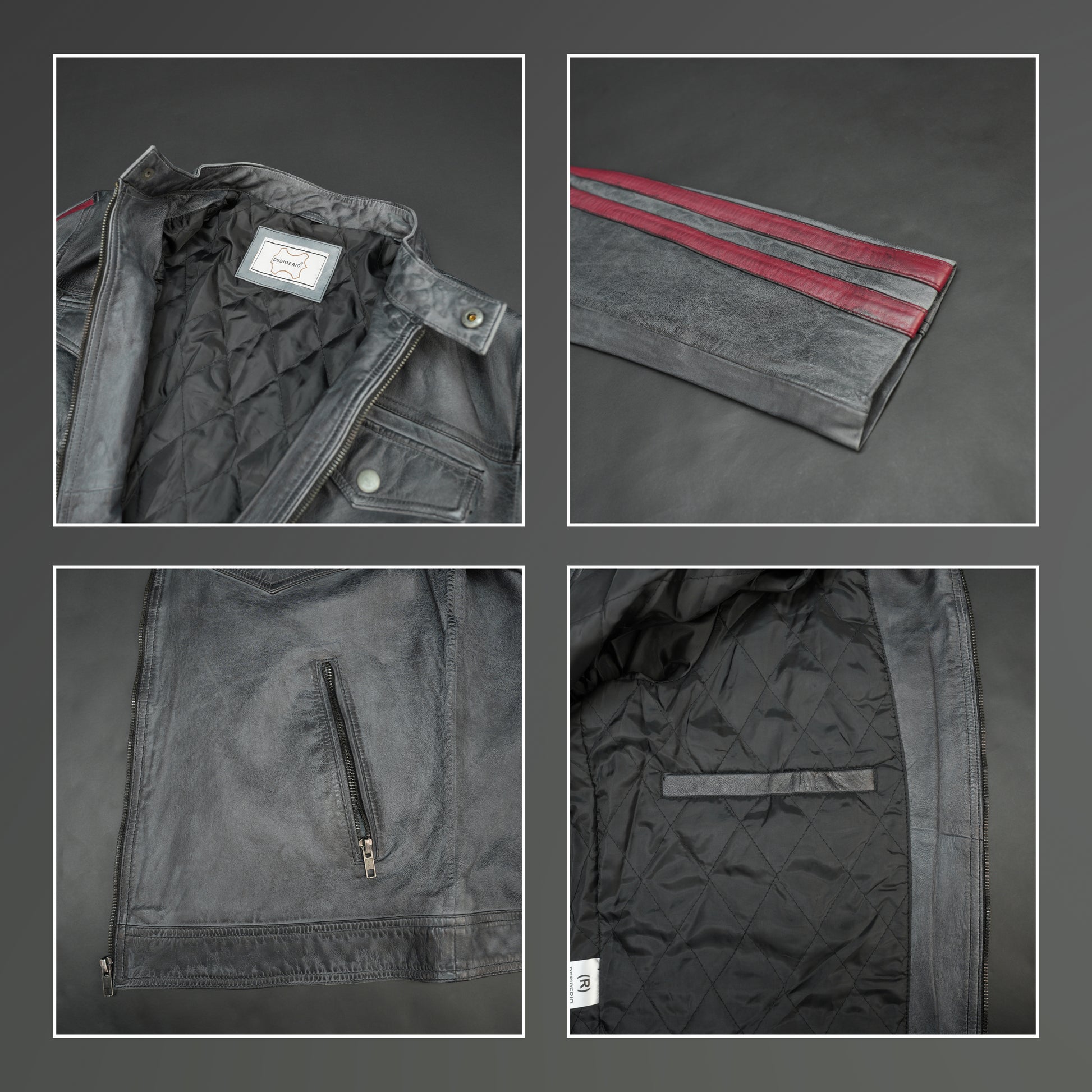 Black jacket 6010 with front zip closure, snap-button collar, multiple pockets, and red arm stripes, combining style and practicality for everyday wear