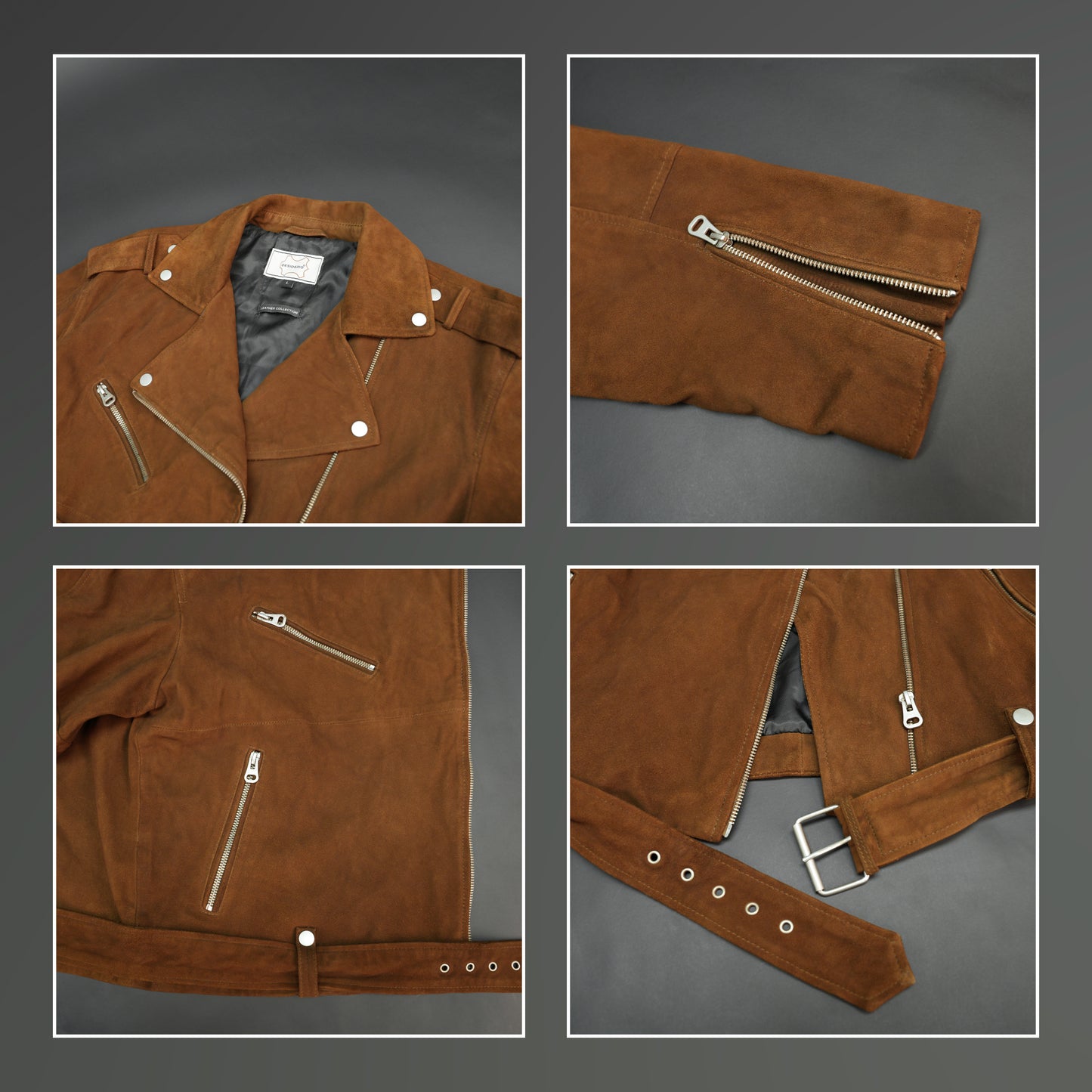 Light brown goat suede perfecto jacket with leather-look finish, soft texture, three exterior pockets, side zip pocket, and adjustable zipped cuffs. Minor fault, no returns