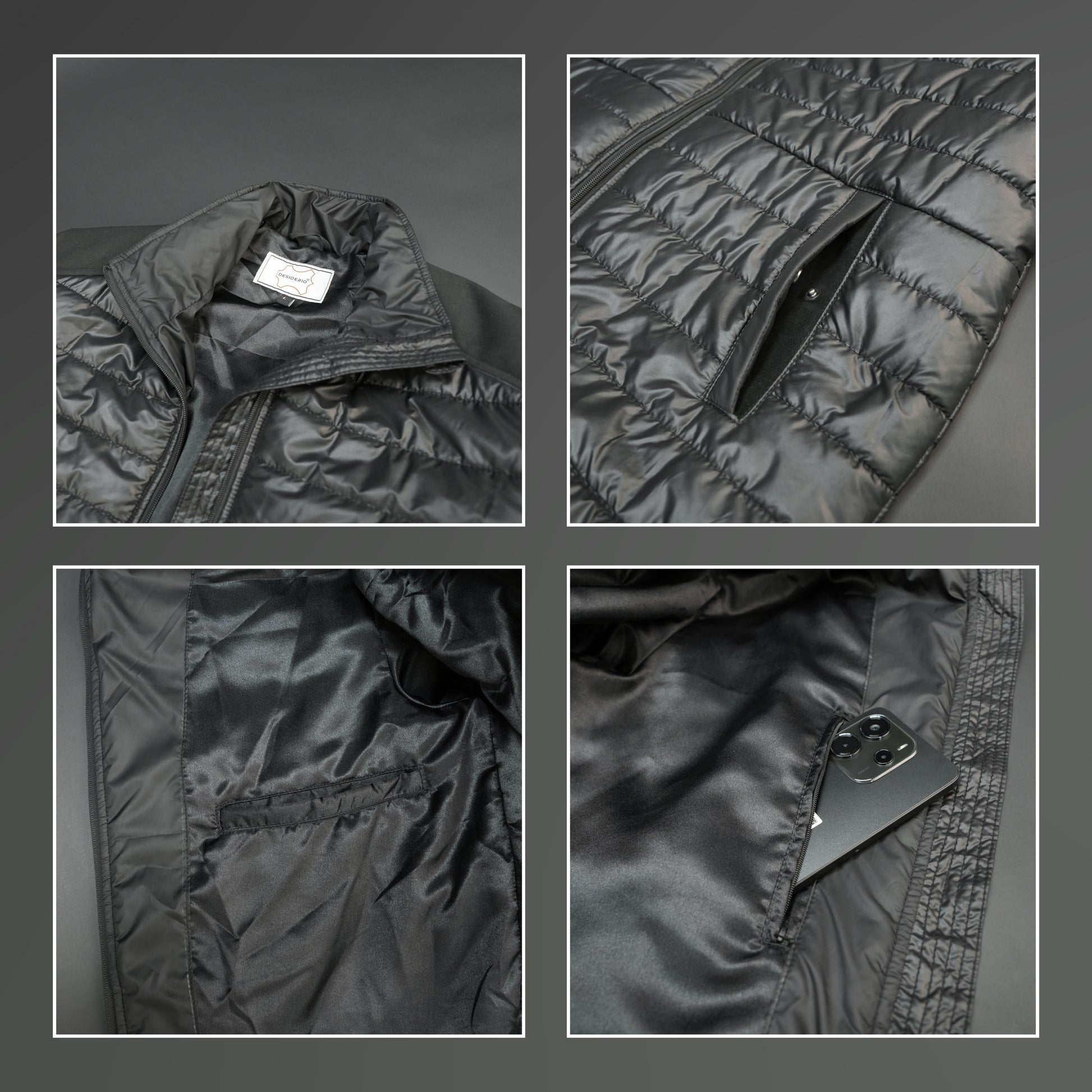 Black full-sleeve two-tone puffer jacket with snap pockets, quilted insulation, inner compartments, and zip closure