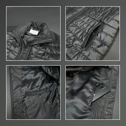Black full-sleeve two-tone puffer jacket with snap pockets, quilted insulation, inner compartments, and zip closure