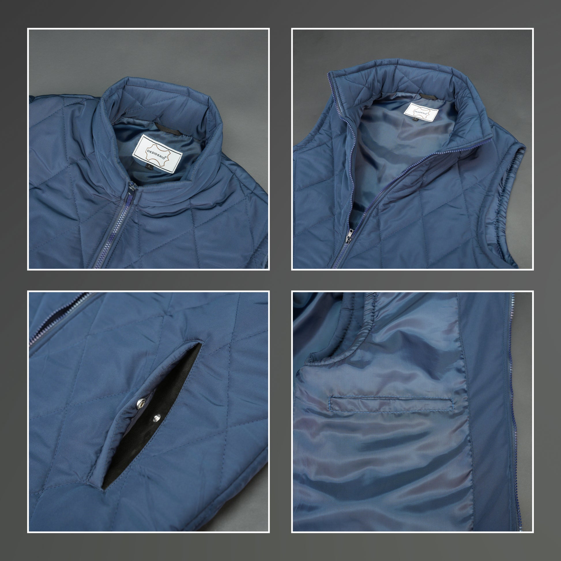 Blue sleeveless puffer vest with zip, side and inside pockets, lightweight for layering