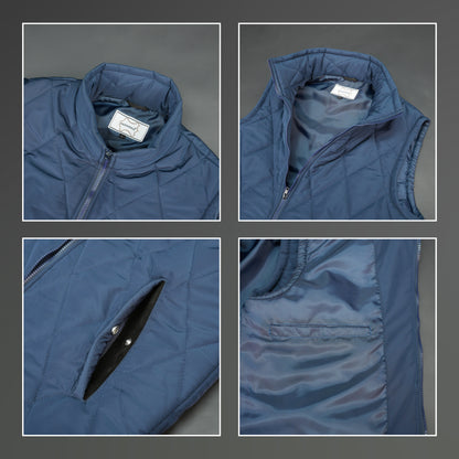 Blue sleeveless puffer vest with zip, side and inside pockets, lightweight for layering