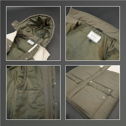 Green-cream sleeveless puffer jacket with zip and snap closure, hood, side and inner pockets, quilted for transitional seasons.