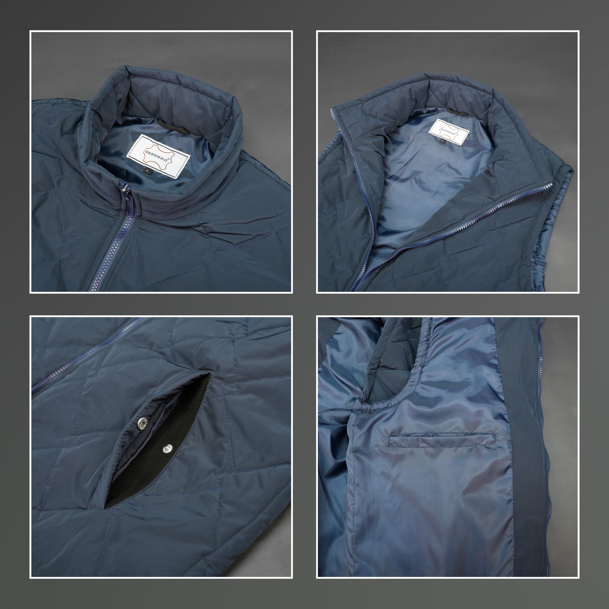 Lightweight navy sleeveless puffer vest with zip closure, side and inside pockets, for layering