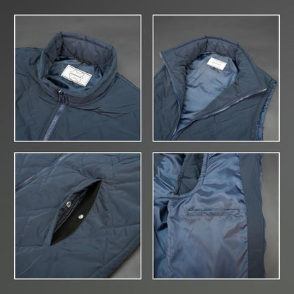 Lightweight navy sleeveless puffer vest with zip closure, side and inside pockets, for layering