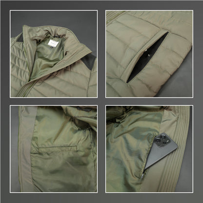 Olive sleeveless puffer vest with zip, side and inside pockets, lightweight for layering