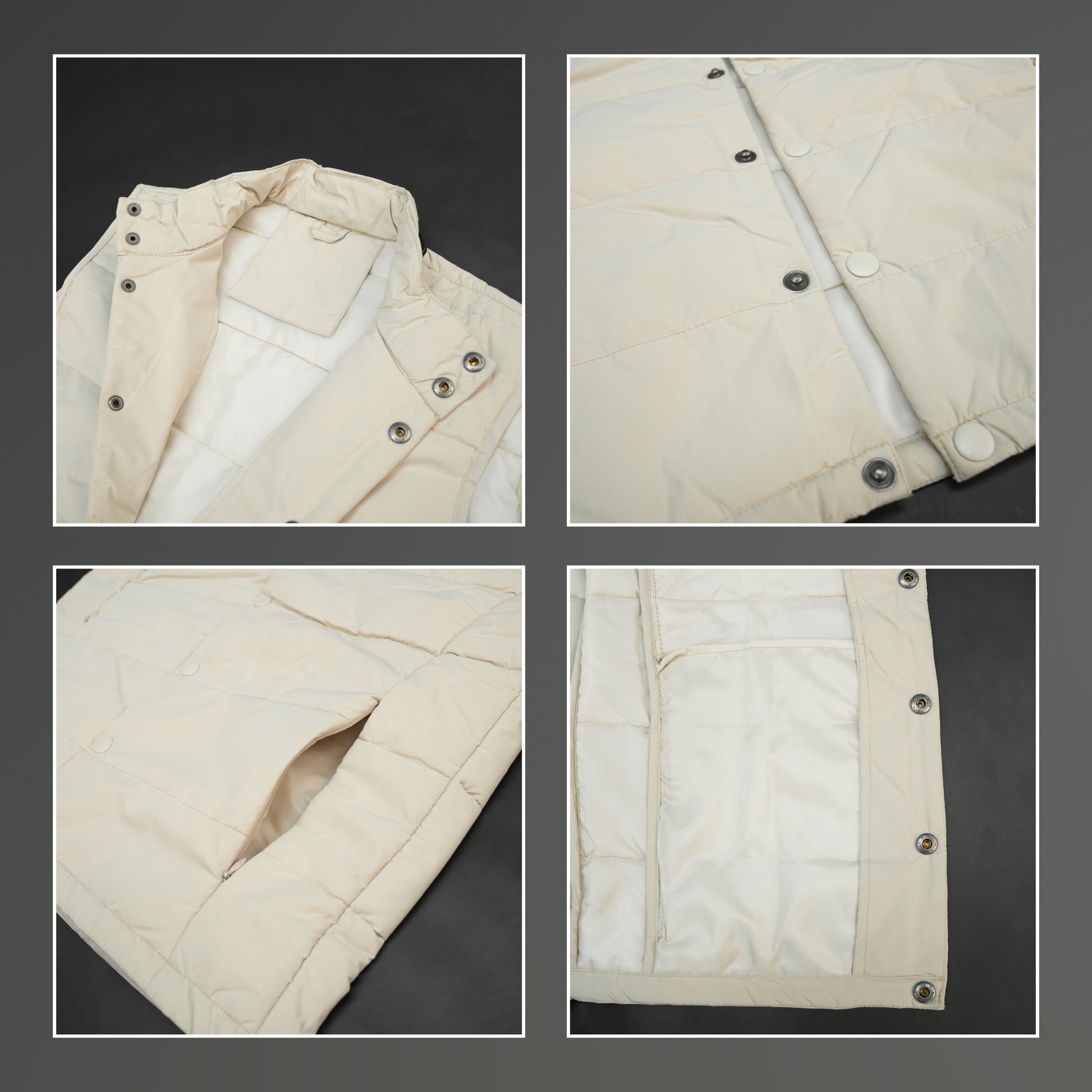 Beige jacket featuring a button closure, two snap-button side pockets, and one inner pocket for convenient, secure storage