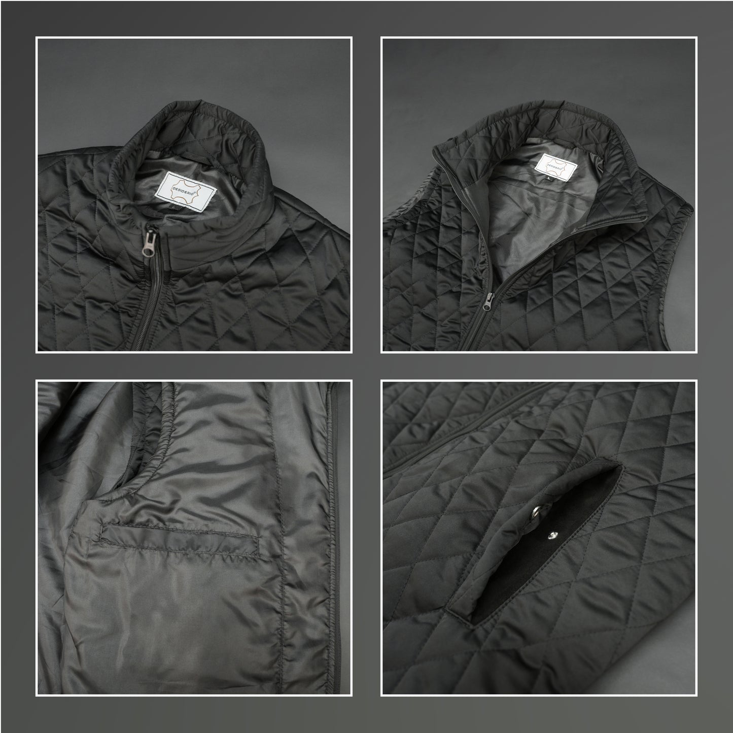 Lightweight black quilted sleeveless  puffer vest with zip closure, side and inside pockets, ideal for layering