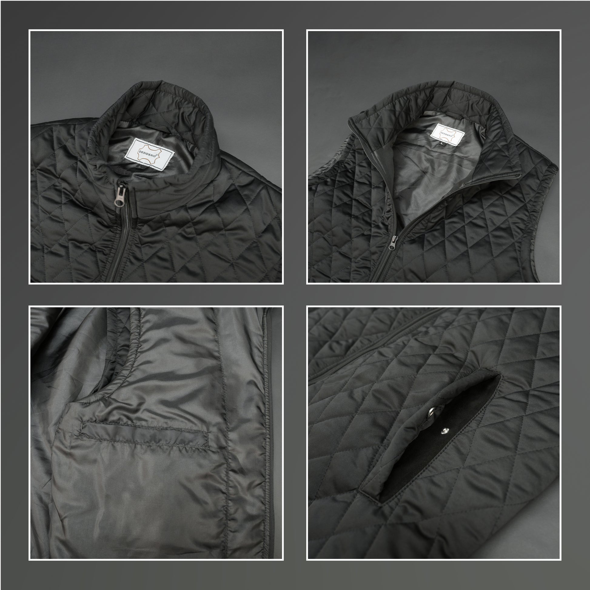 Lightweight black quilted sleeveless  puffer vest with zip closure, side and inside pockets, ideal for layering