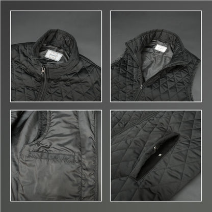 Lightweight black quilted sleeveless  puffer vest with zip closure, side and inside pockets, ideal for layering