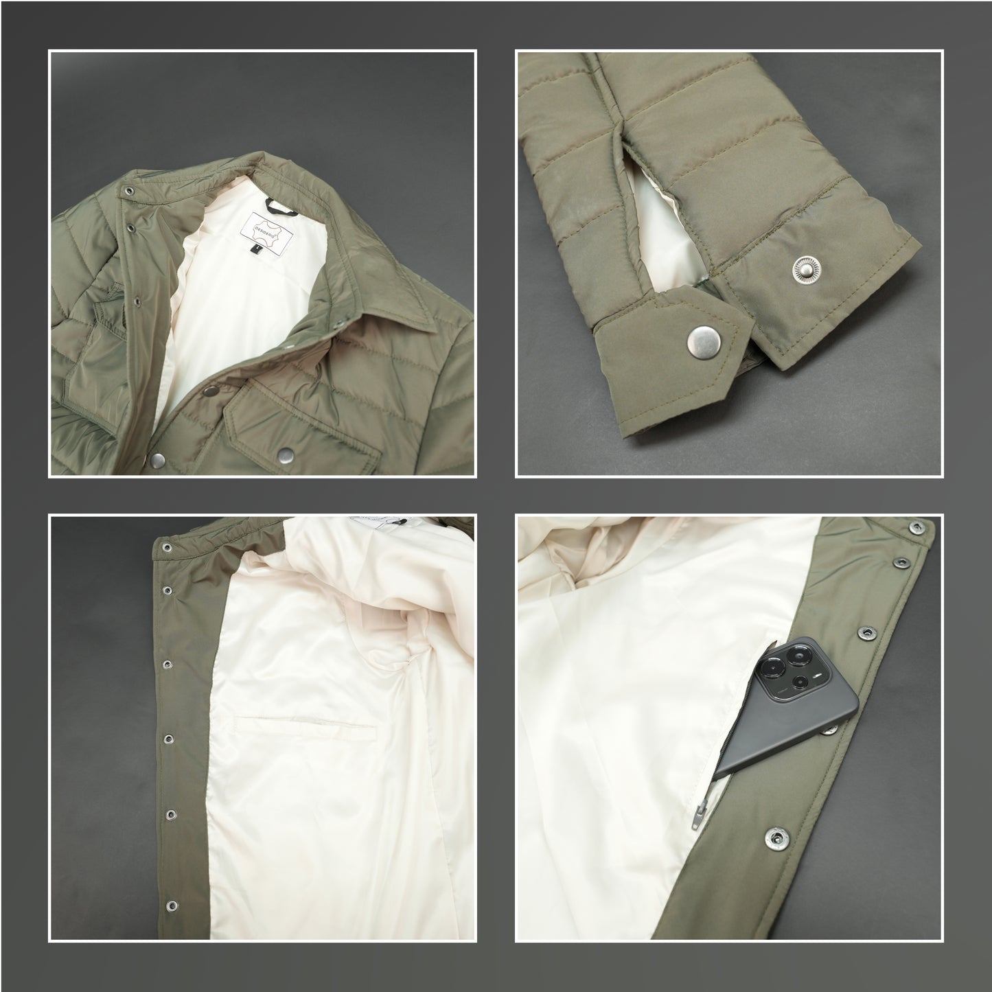 Green full-sleeve puffer jacket with snap closure, quilted padding, inner and outer pockets, designed for everyday comfort.