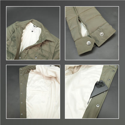 Green full-sleeve puffer jacket with snap closure, quilted padding, inner and outer pockets, designed for everyday comfort.