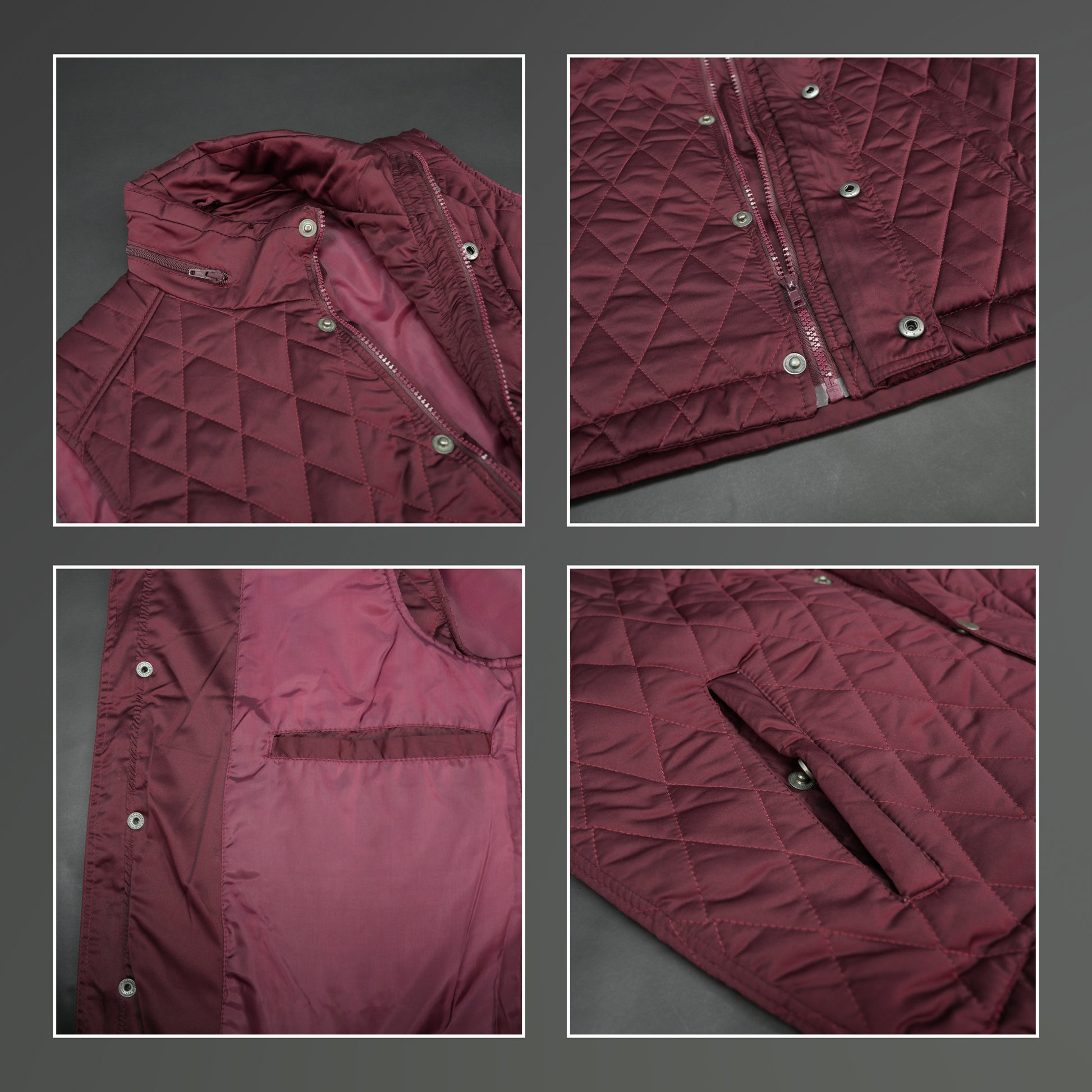 Maroon vest featuring a zip closure with snap button, two snap-button side pockets, and an inside pocket for secure, convenient storage
