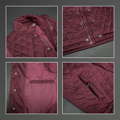 Maroon vest featuring a zip closure with snap button, two snap-button side pockets, and an inside pocket for secure, convenient storage