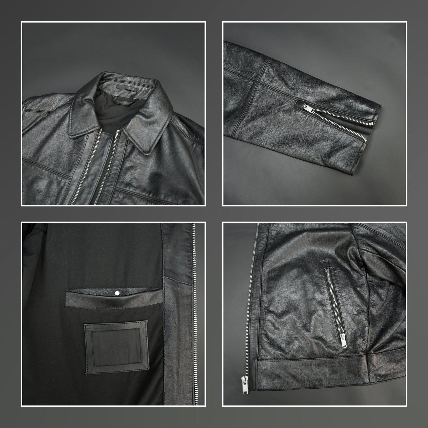 Black leather jacket premium leather, zipper opening, and two front side pockets