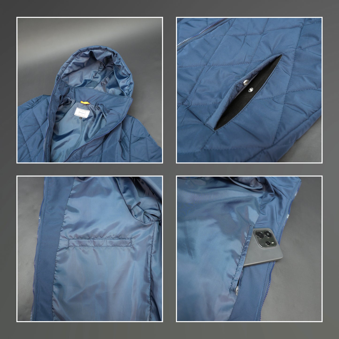 Blue full-sleeve puffer jacket with zip and hood, side and inner pockets, suitable for cold and windy weather