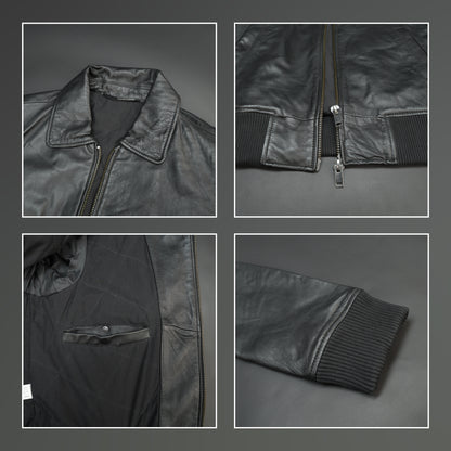 Black sheep leather jacket with soft material, front and inside pockets, and zip closure