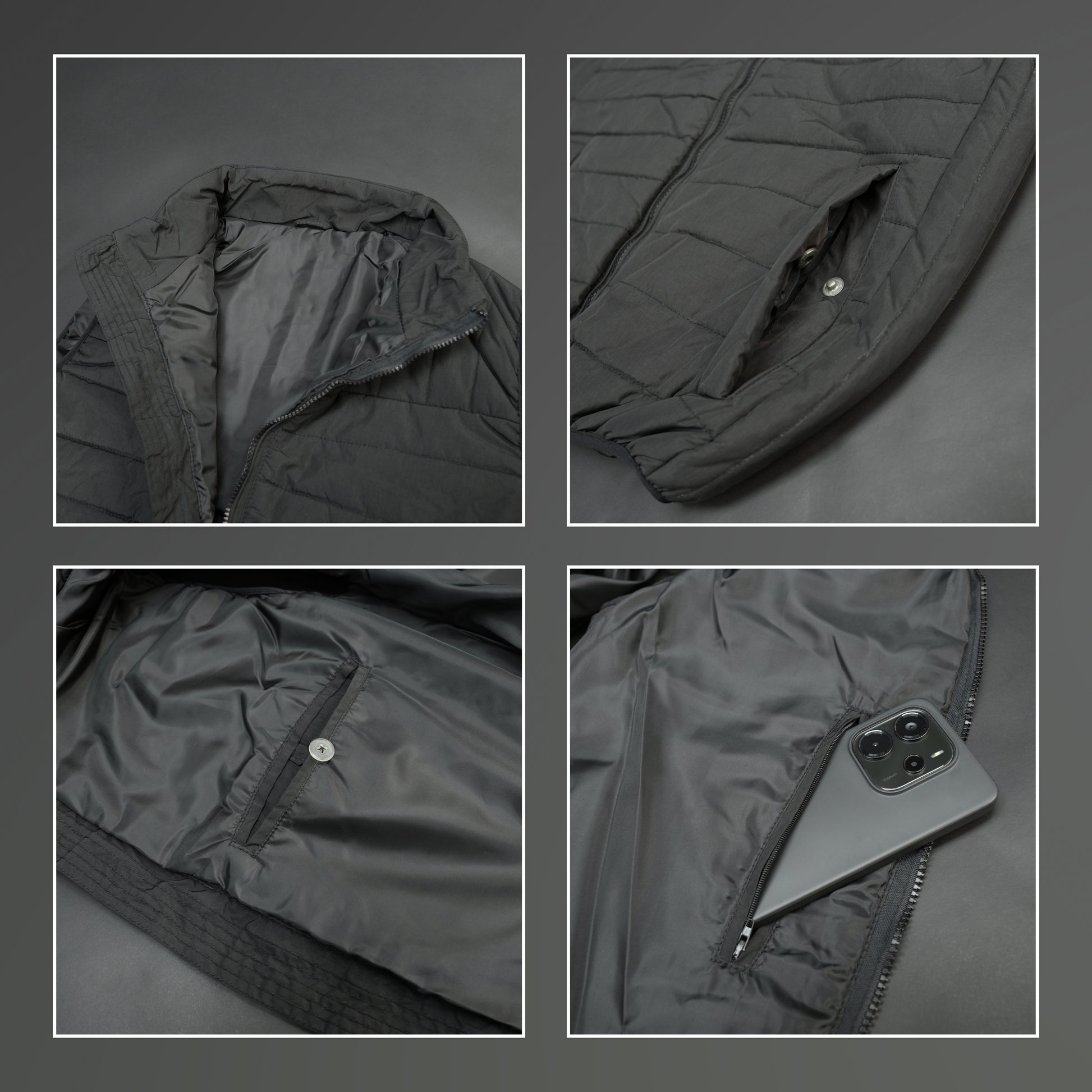 Black garment featuring a front zip closure, two snap-button side pockets, and two inside pockets for secure, convenient storage
