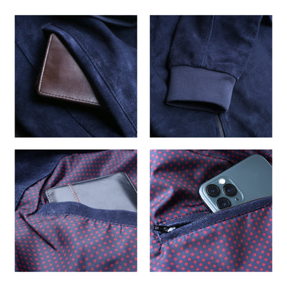 Cow Suede Leather Jacket with Chocolate, Navy & Charcoal Color Rib Collar & Bottom (Desi-Col)